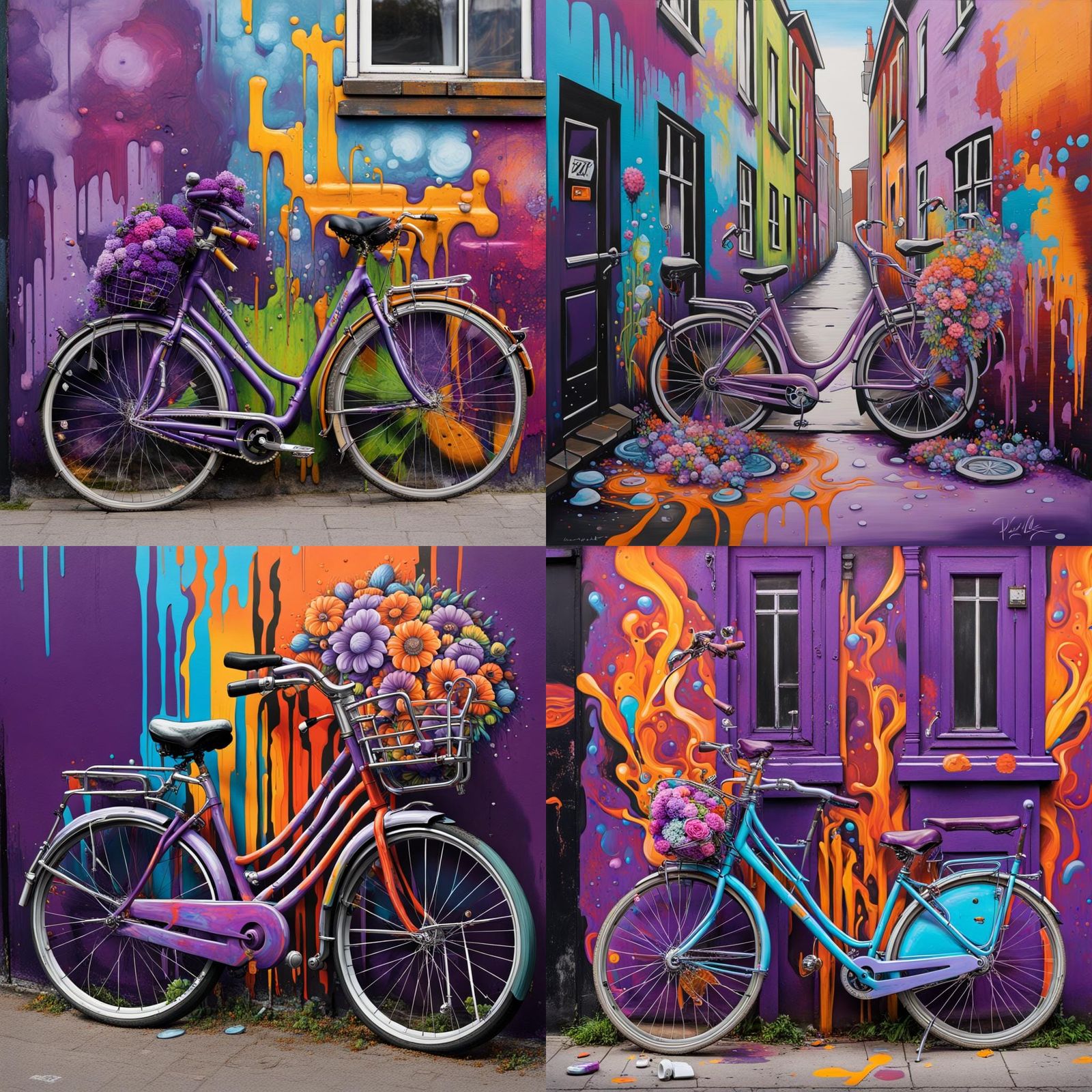 Rusty Bicycle Flower Stand in Graffiti Street Art