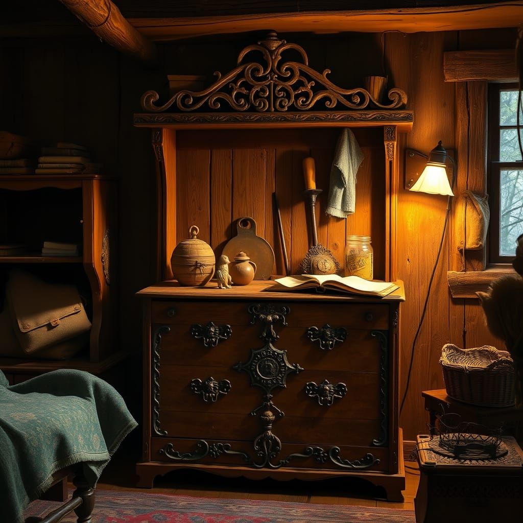 Vintage Chest Adorned with Whimsical Carvings in Warm, Cozy ...