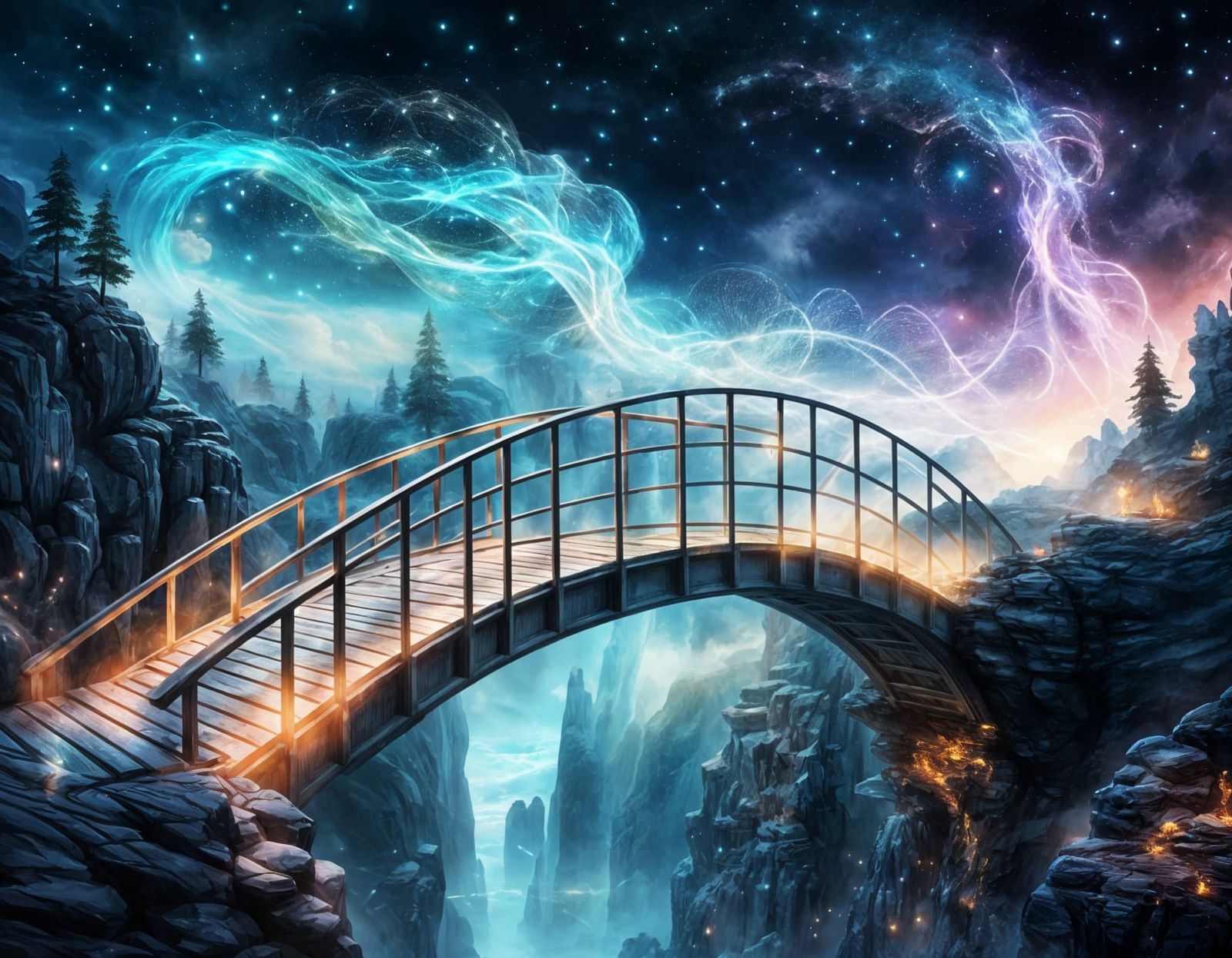 Glowing Magical Energy Bridge in Fantasy Landscape