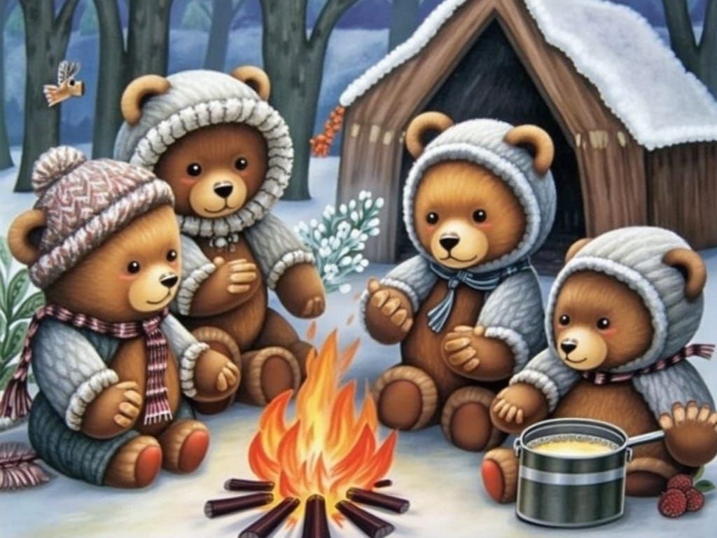 Teddy Bear Family Finds Winter Solace by the Campfire