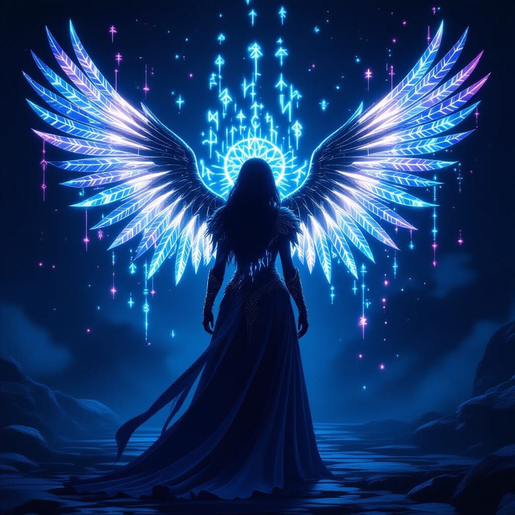 Guardian Girl with Rune-Magic Wings, Ethereal Matte Painting