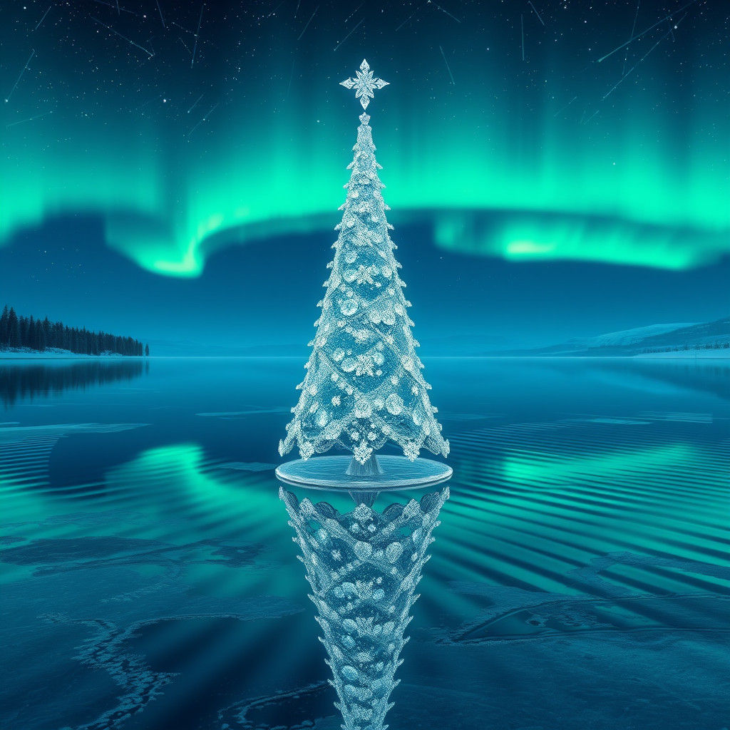 Crystal Glass Christmas Tree Under Northern Lights