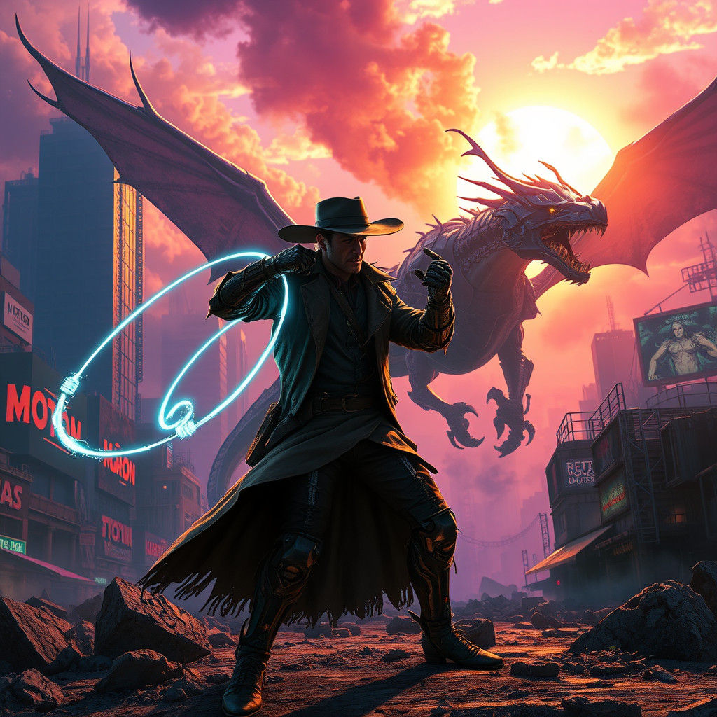 Cyborg Cowboy Versus Mecha Dragon in Cyberpunk Ruins