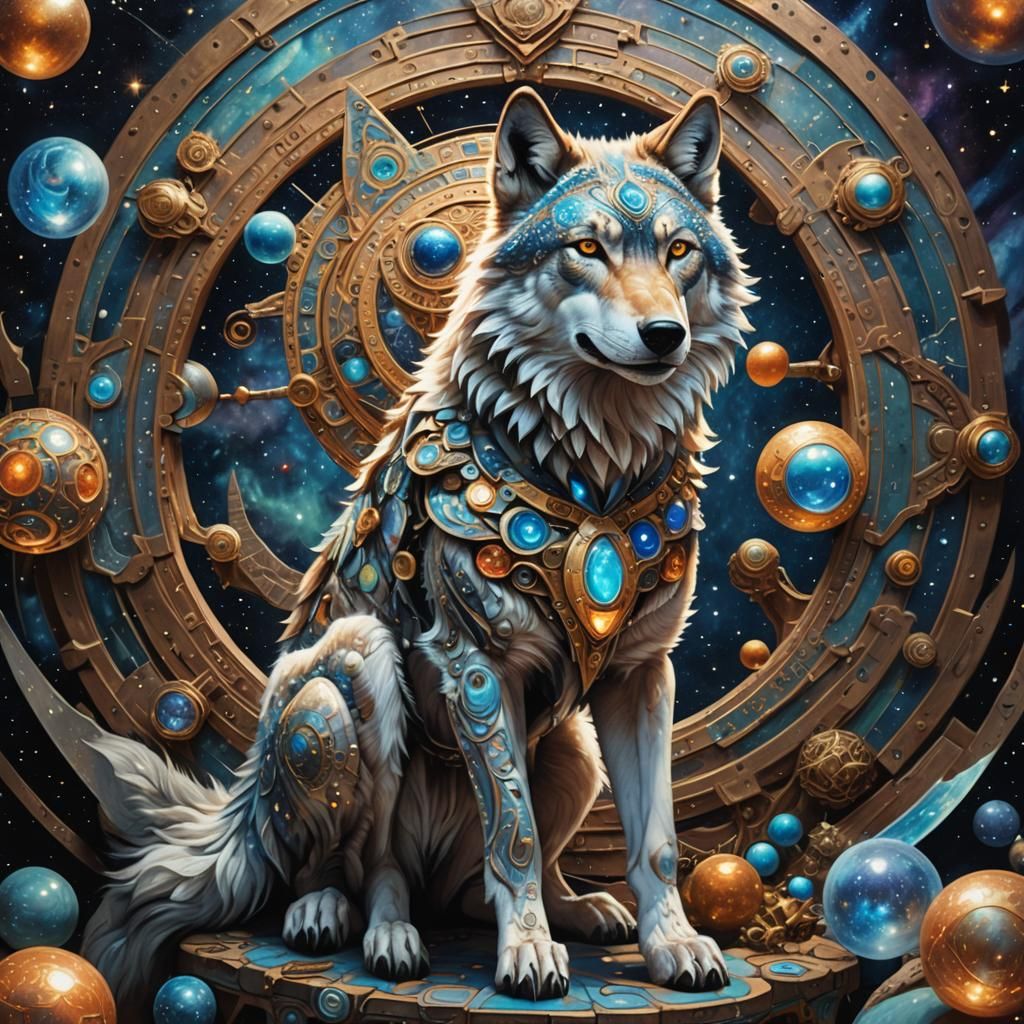 Visionary Wolf in Galactic Armory: Cosmic Expressionism