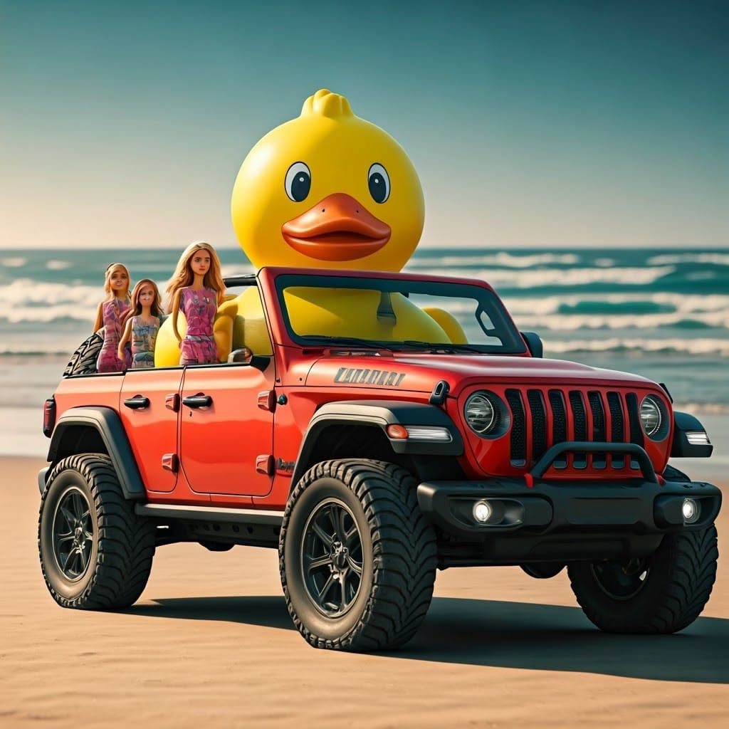 Vibrant Digital Art of Happy Rubber Ducky Behind the Wheel o...