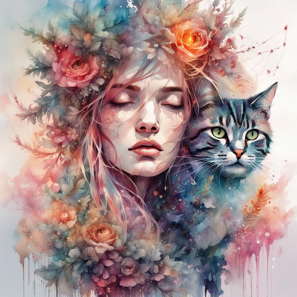 Christmas Cats in Fantasy Landscape Watercolor Art