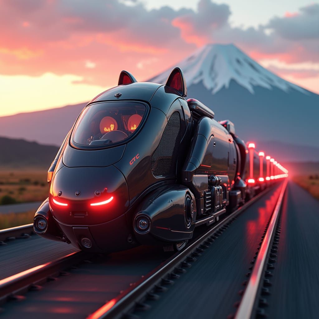 Hyperrealistic Cat Train Cyborg in Japan, Concept Art