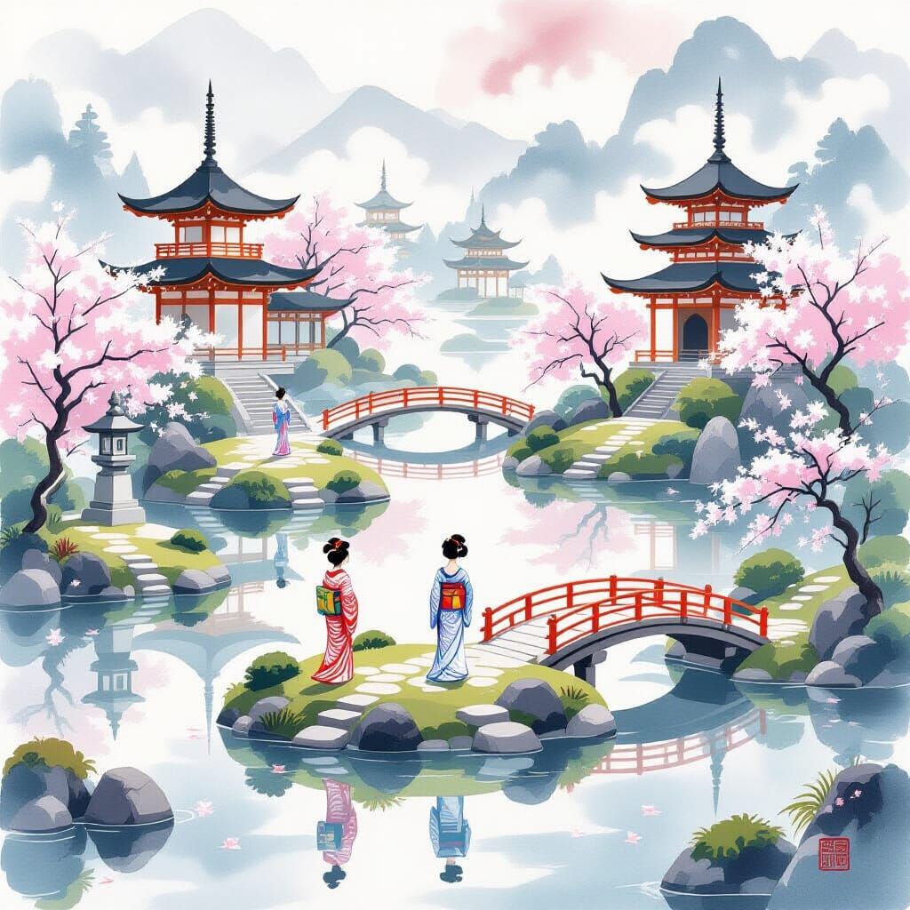 Serene Japanese Garden on Floating Islands