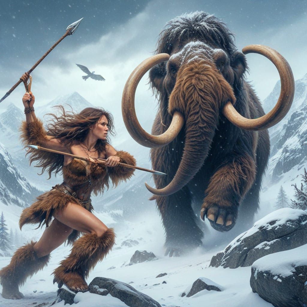 Prehistoric Warrior Battles Charging Mammoth in Winter Mount...