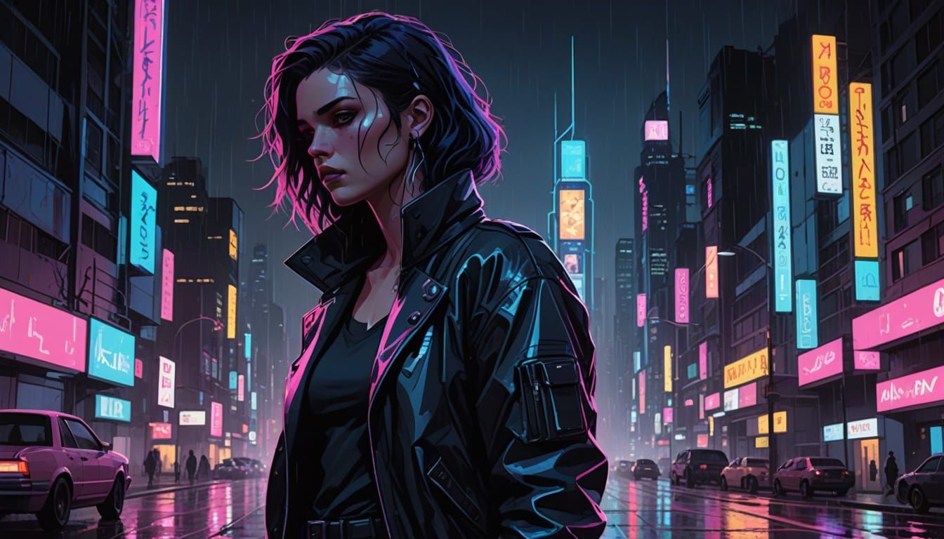 Cyberpunk Street Girl in Despair on Rainy Futuristic Street