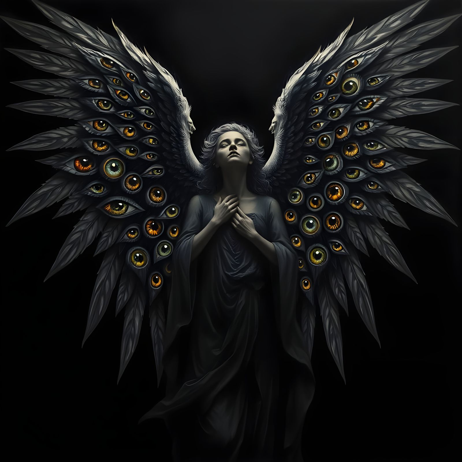 hyperdetailed Metaphysical Painting, (((black ANGEL))), 1000...
