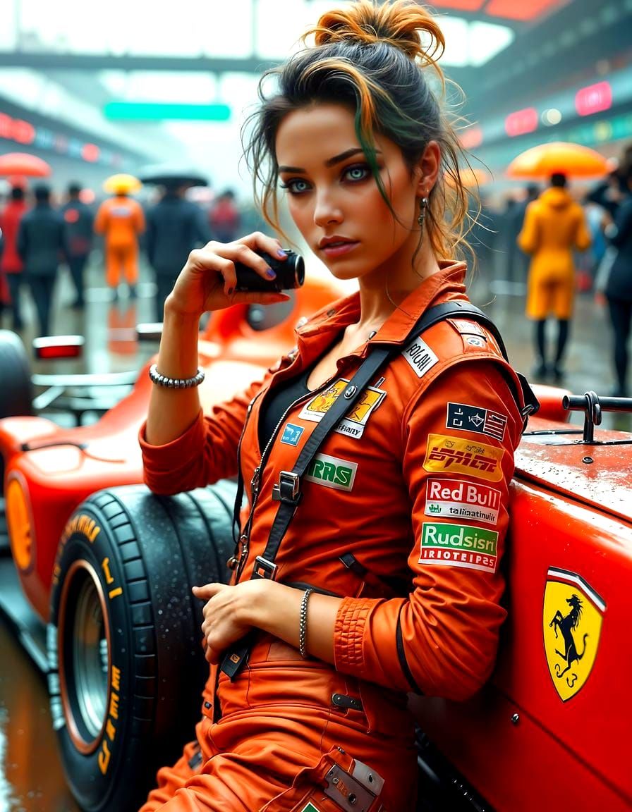 Trashpunk F1 Lady in Hyper Realistic Ferrari Racing Attire