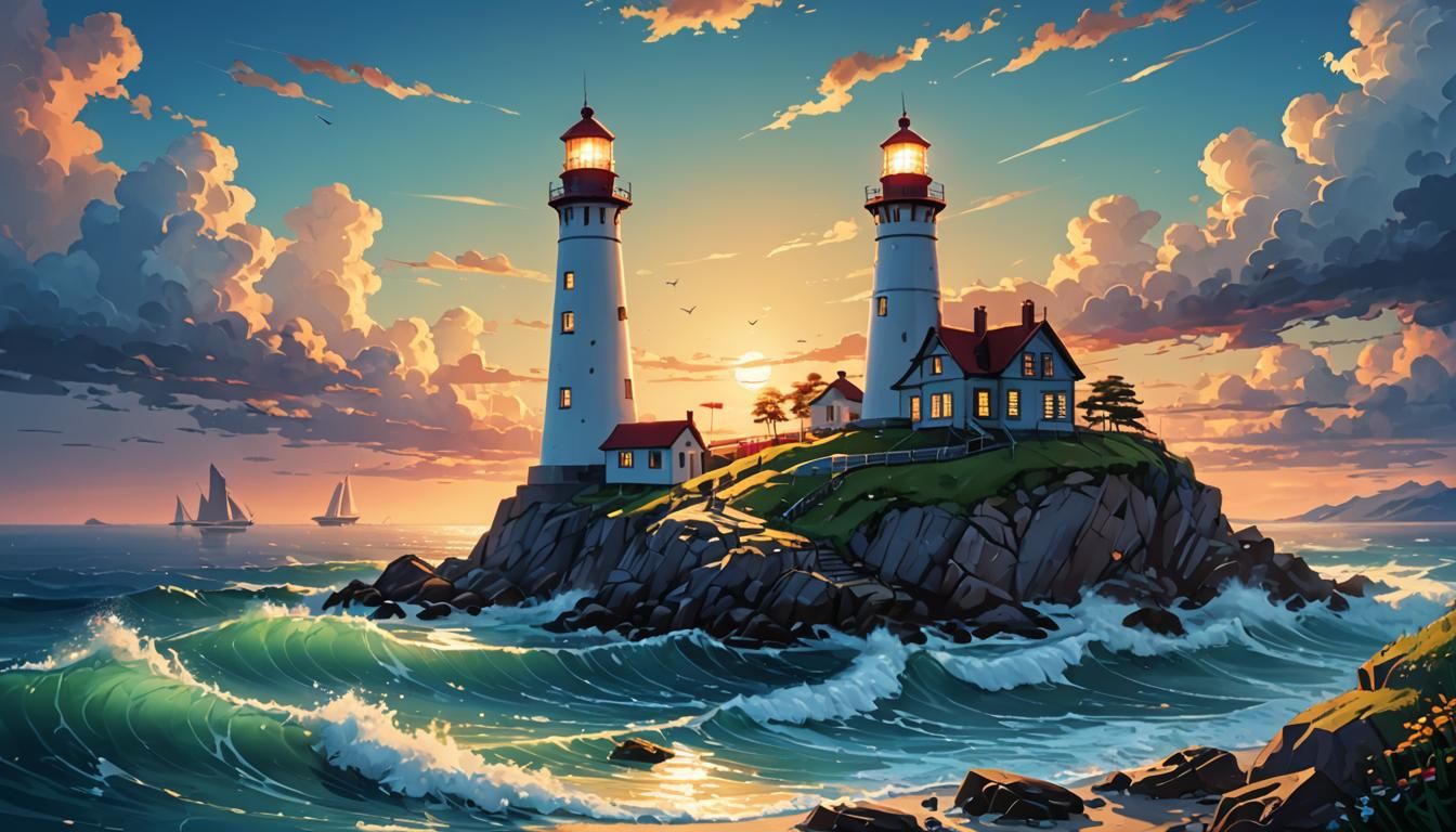 Beautiful Lighthouse Seascape in Boho Style