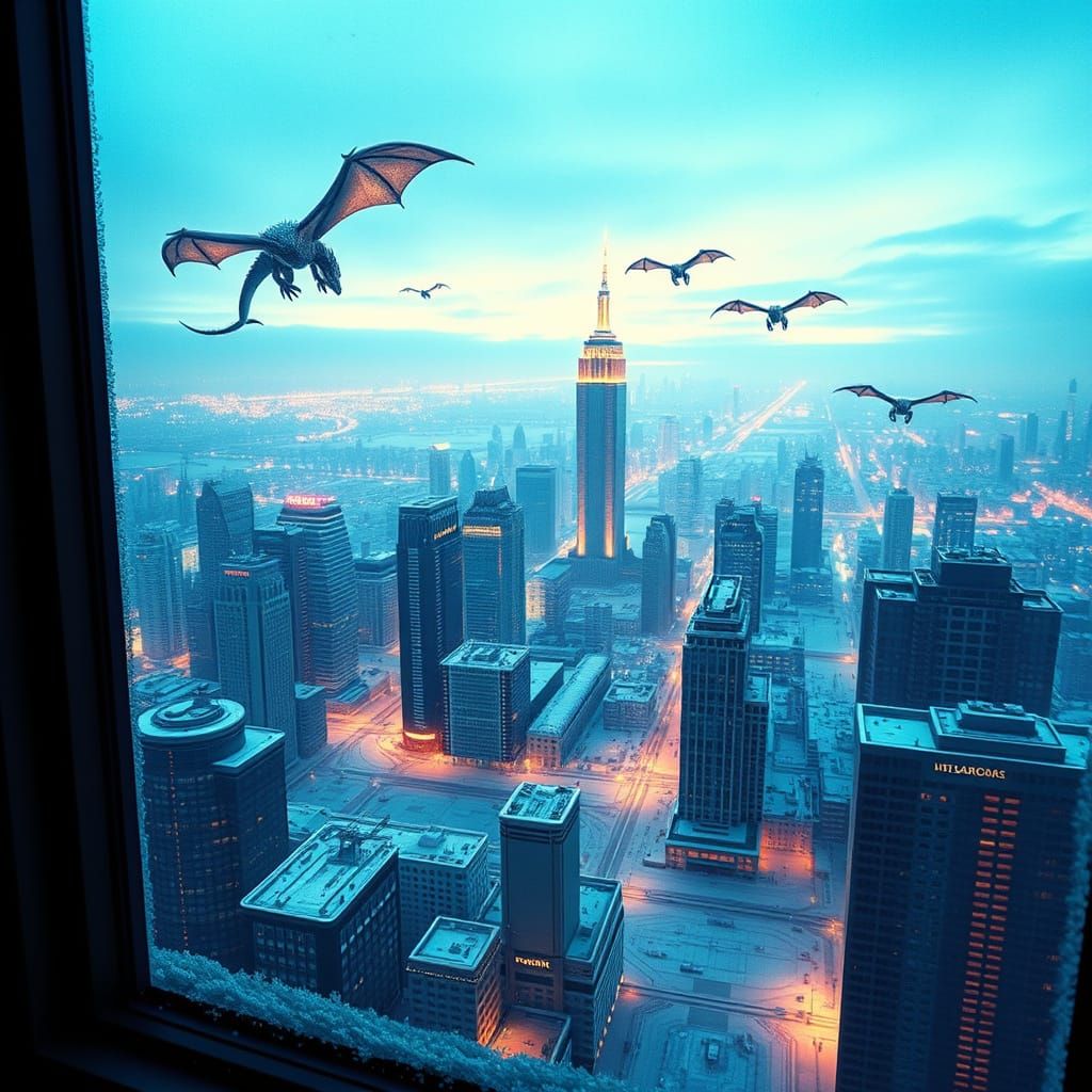 Futuristic Cityscape with Majestic Dragons in Neon Brillianc...