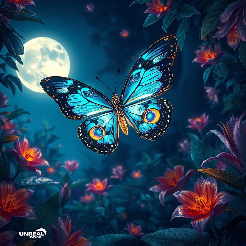 Bioluminescent Butterfly in Moonlit Garden, Klimt-Inspired