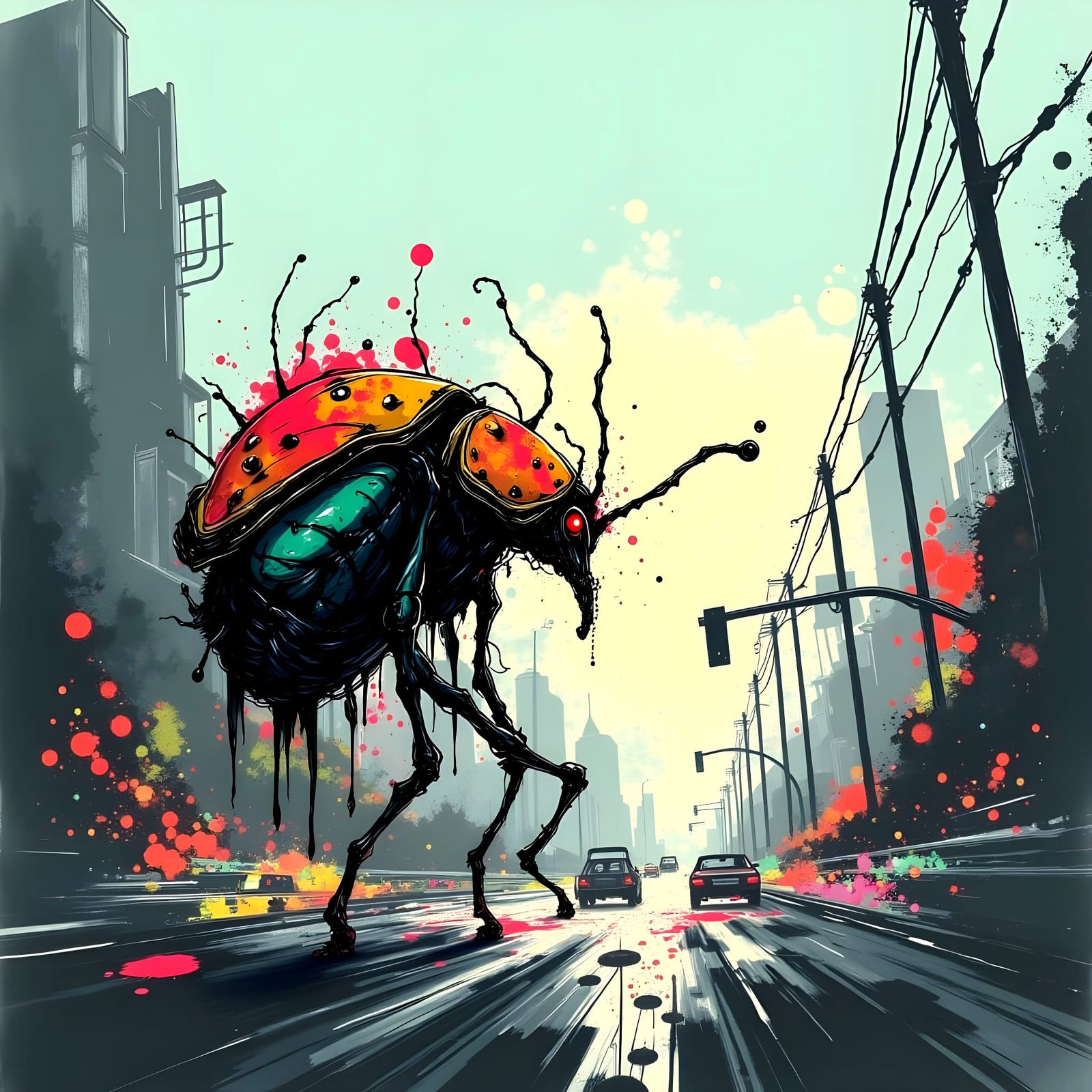 Giant Bug Attempts Highway Crossing in Twisted Ink Style