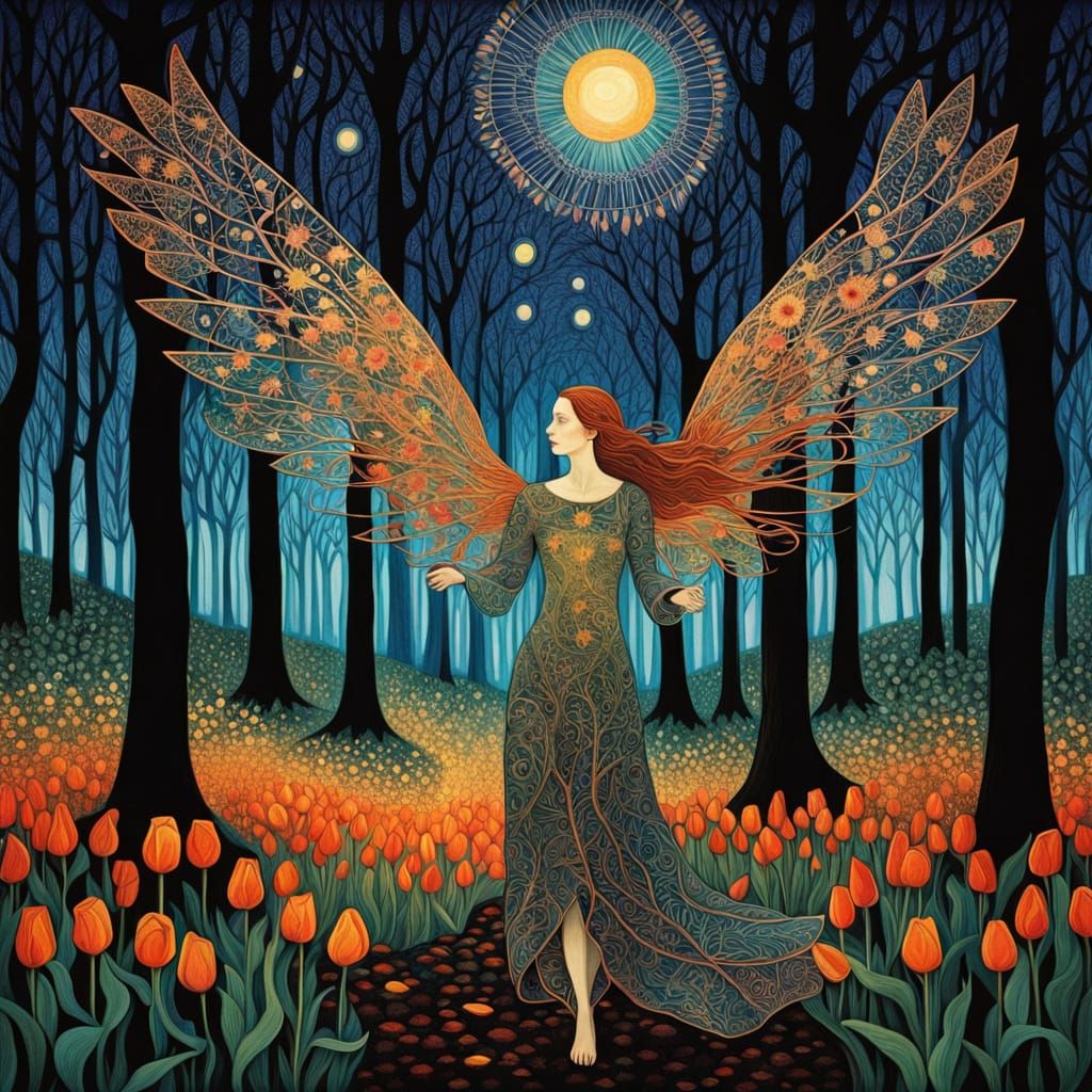 Surreal Goddess Rises from Forest Floor in Whimsical, Klimt-...