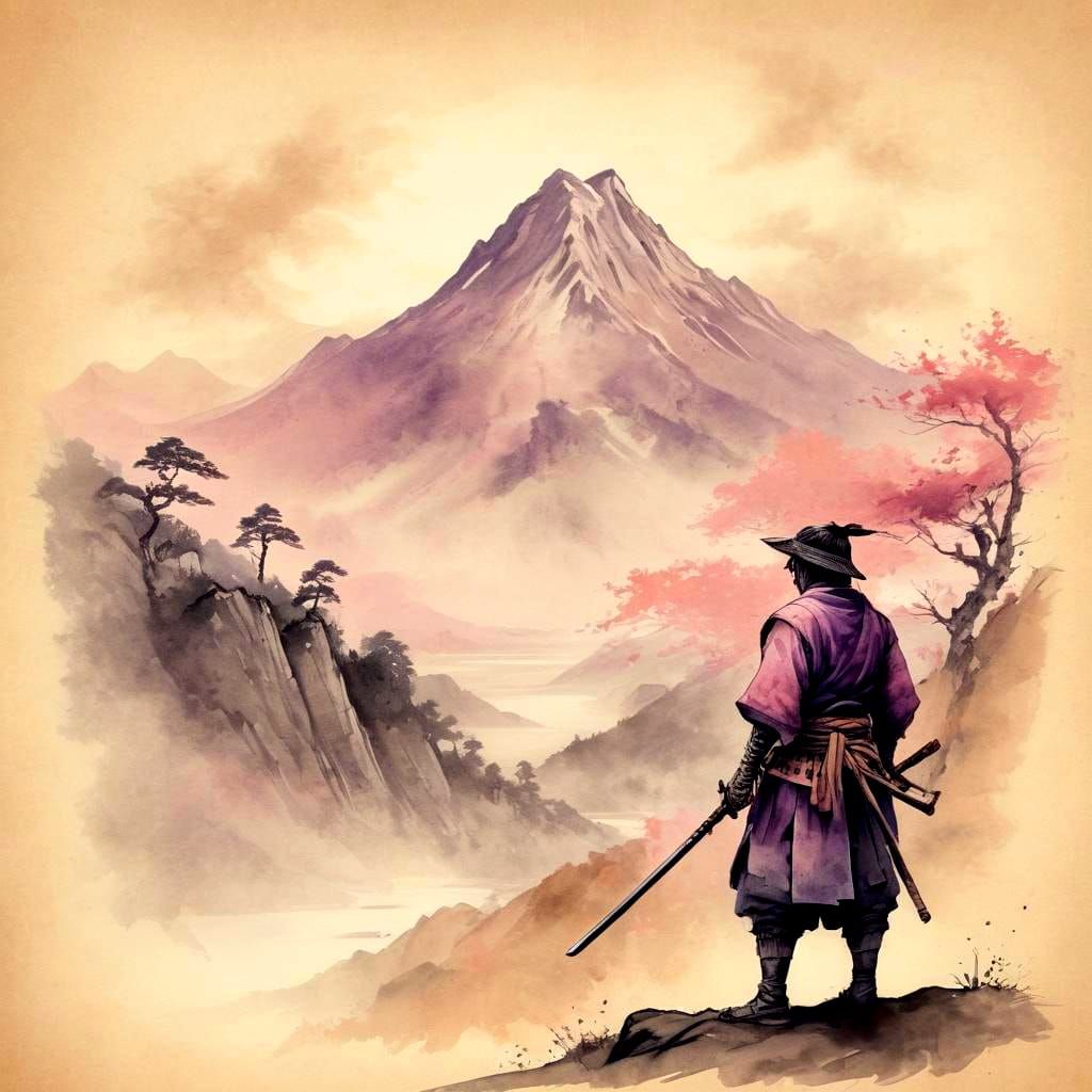 Mystic Mountain Silhouette: Watercolor Samurai Painting