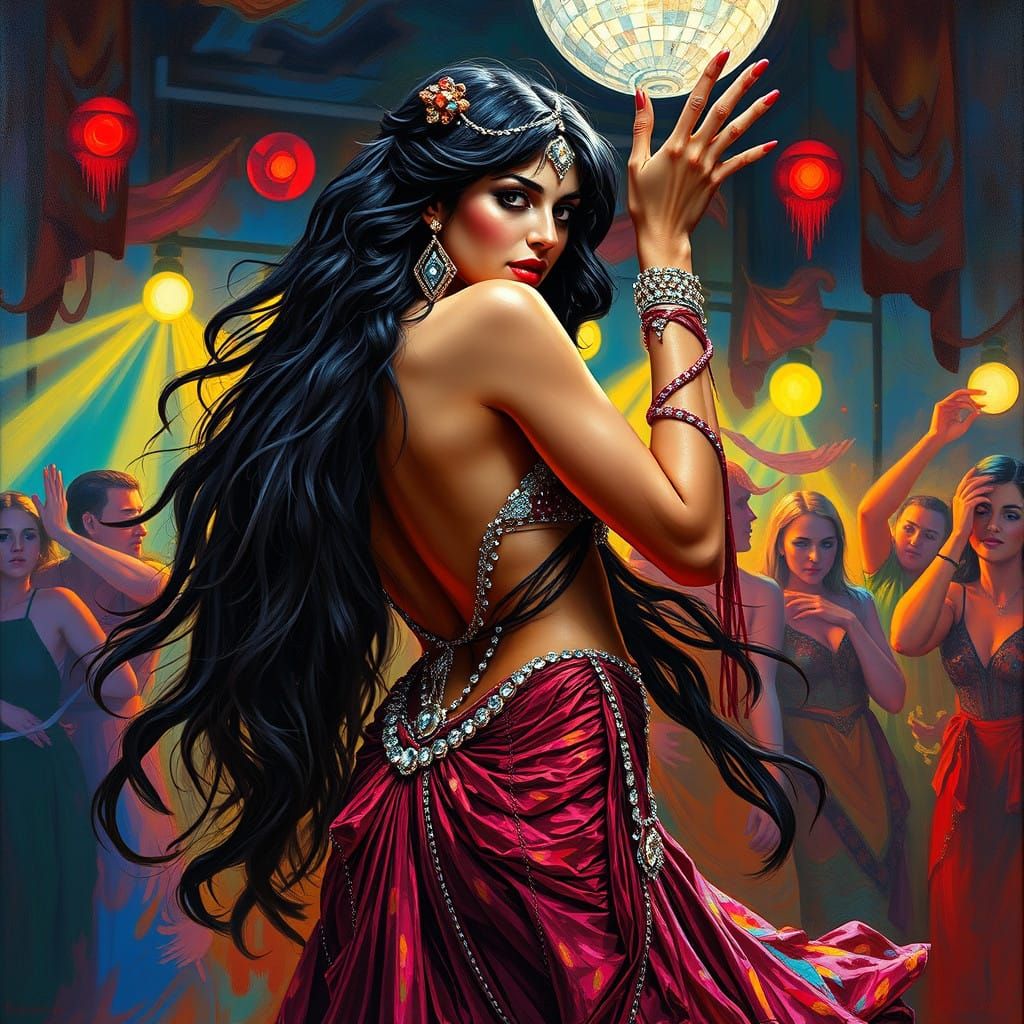 Sultry Disco Goddess in Vibrant Oil Painting