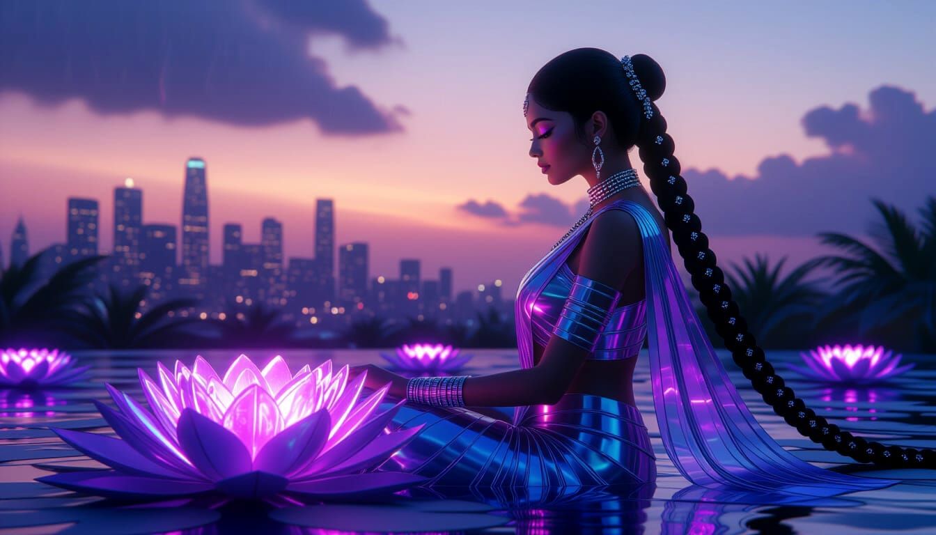 Ion Queen in Synth-Lotus Garden, Photorealistic Render
