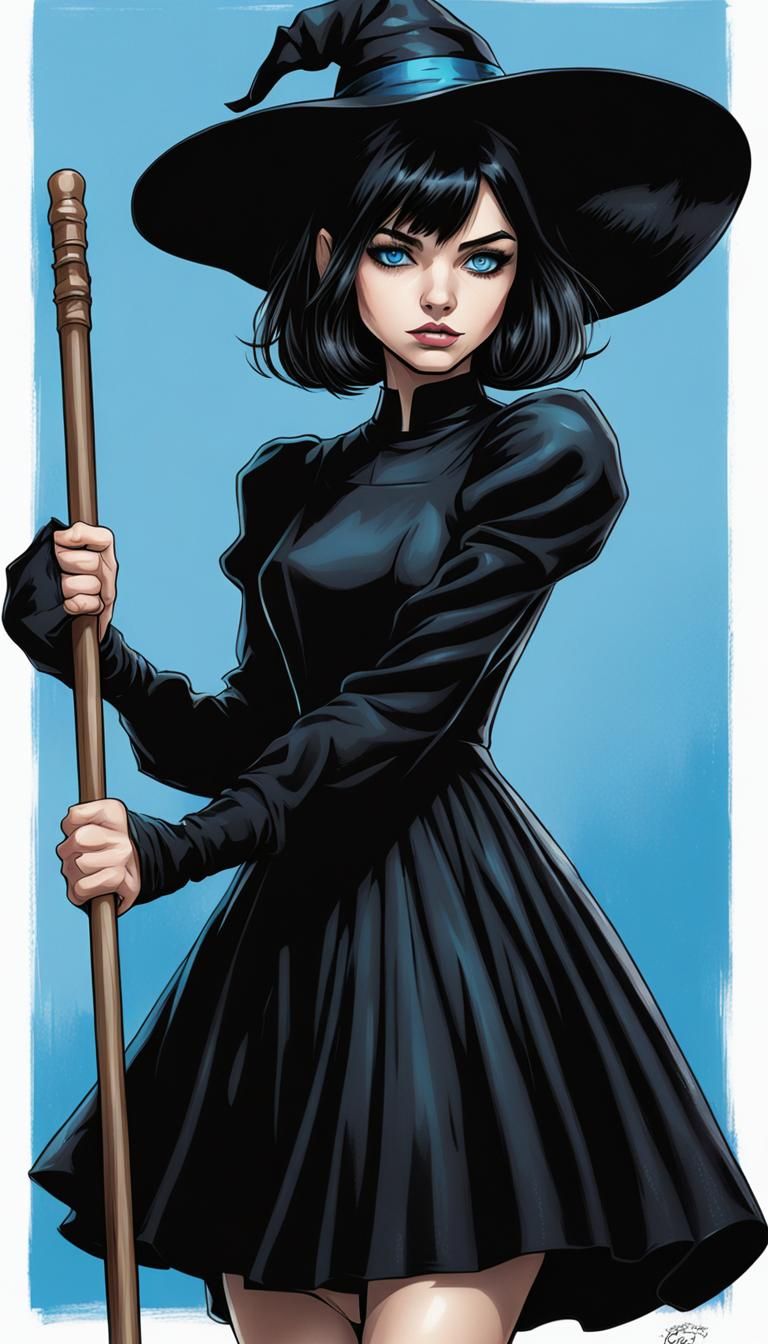 Teen Witch with Broom in Comic Book Art Style