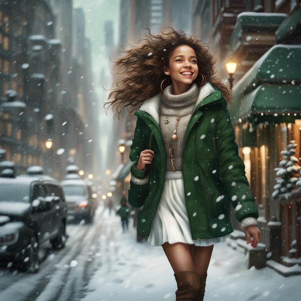 Girl in Snowy New York City, Detailed Matte Painting