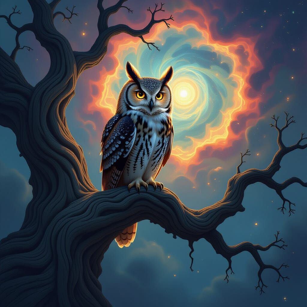 Spiritual Owl on Tree of Life in Cosmic Nebula