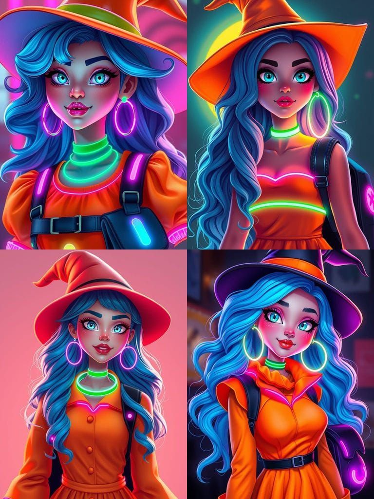 Futuristic Witch Caricature in Retro Cyberpunk Style