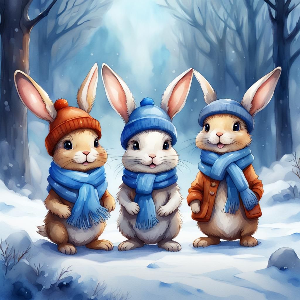 Watercolor Winter Rabbits in Hats and Scarves