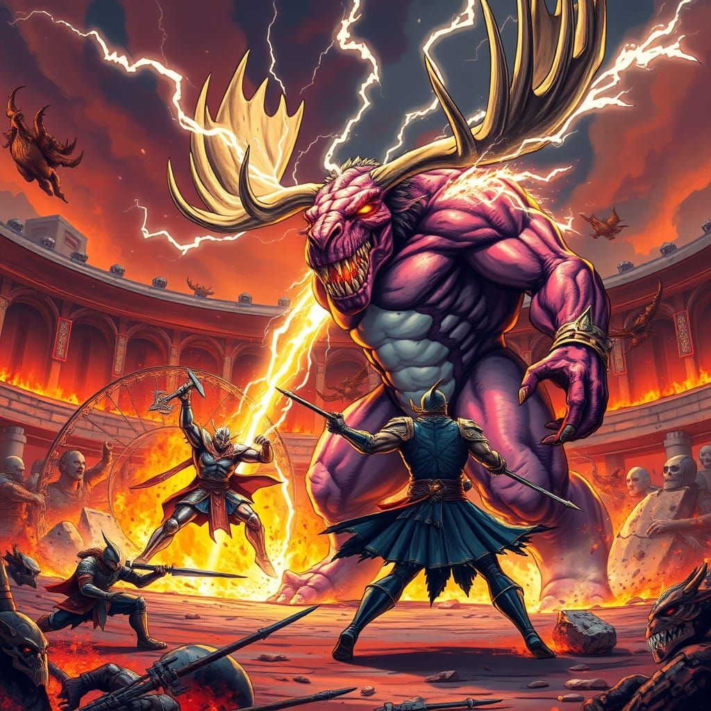 Electric Moose Dinosaur Gladiator Clash in Anime-Inspired Ar...