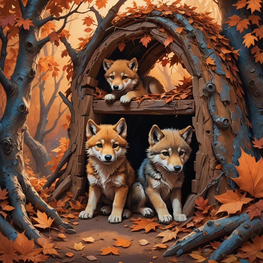 Whimsical Wolf Cubs in Autumn Fantasy Den