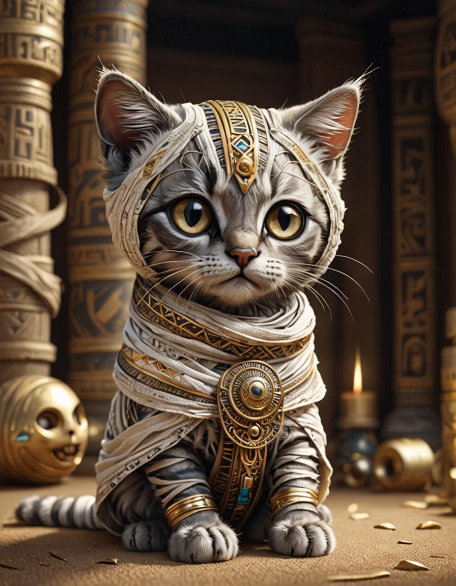 Adorable Chibi Mummy Cat Portrait with Hieroglyphs