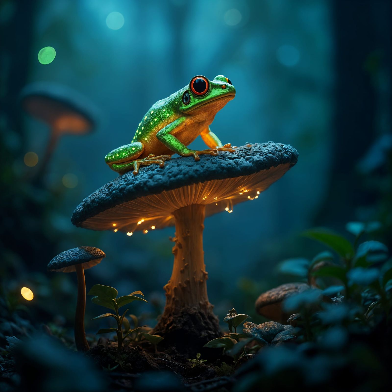 Bioluminescent Frog on Mushroom in Misty Rainforest