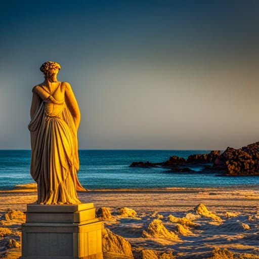 Hyperrealistic Greek Shoreline with Statues in HDR