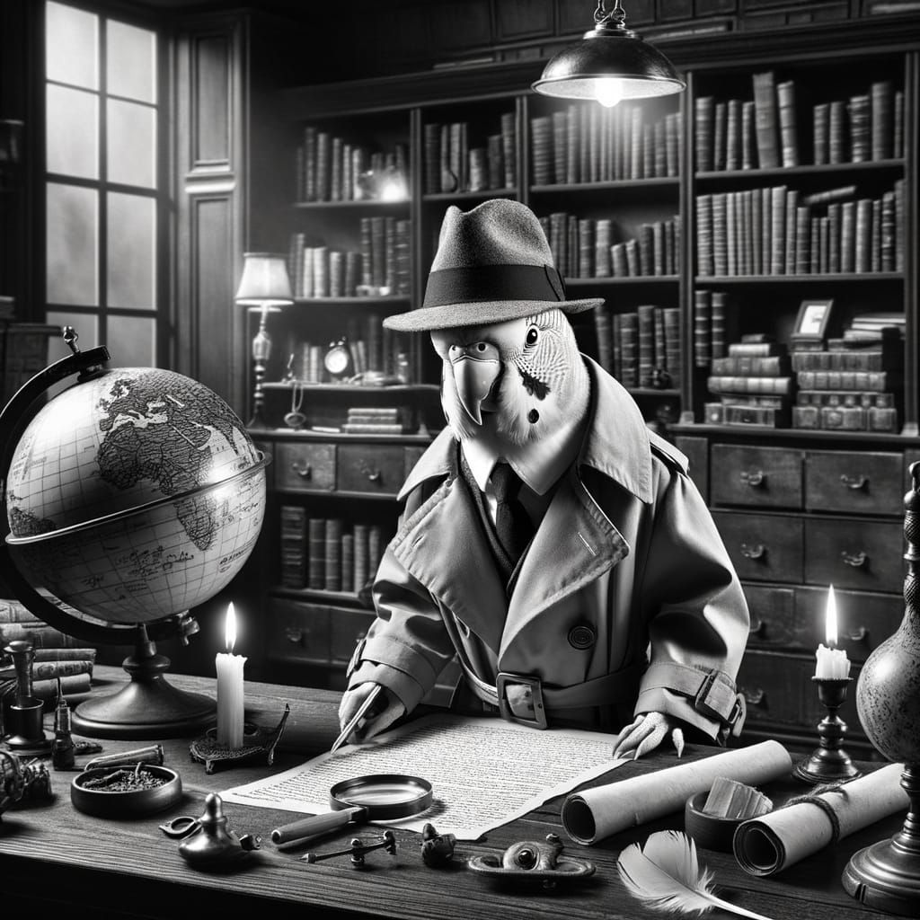 Parakeet as Film Noir Detective in Vintage Style