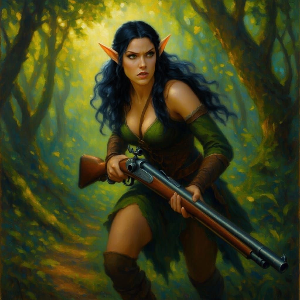Forest Elf with Flintlock in Sunlit Grove