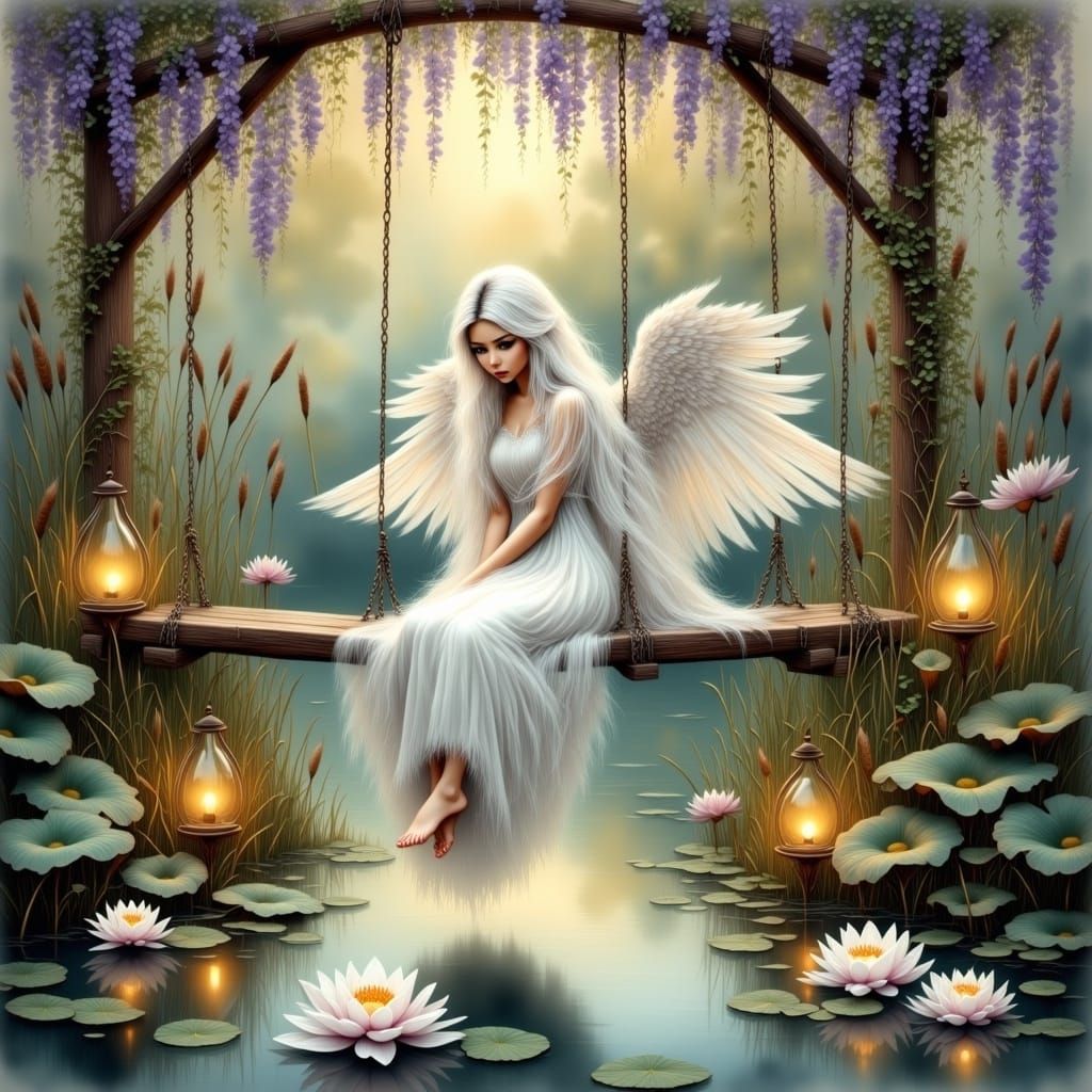 Angel on a Swing in Antique Watercolor Style