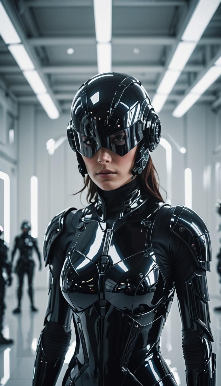 Close up shot of a woman wearing a black outfit and full fac...