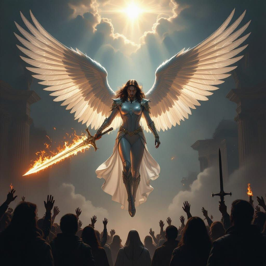 Angel Descends with Flaming Sword in Dramatic Baroque Style