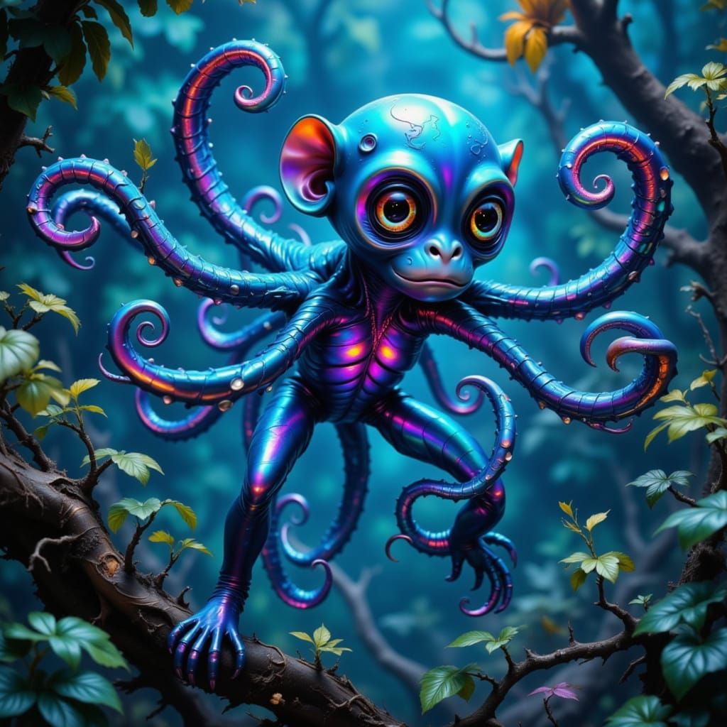 Iridescent Octo-Monkey Roams Jungle Canopy