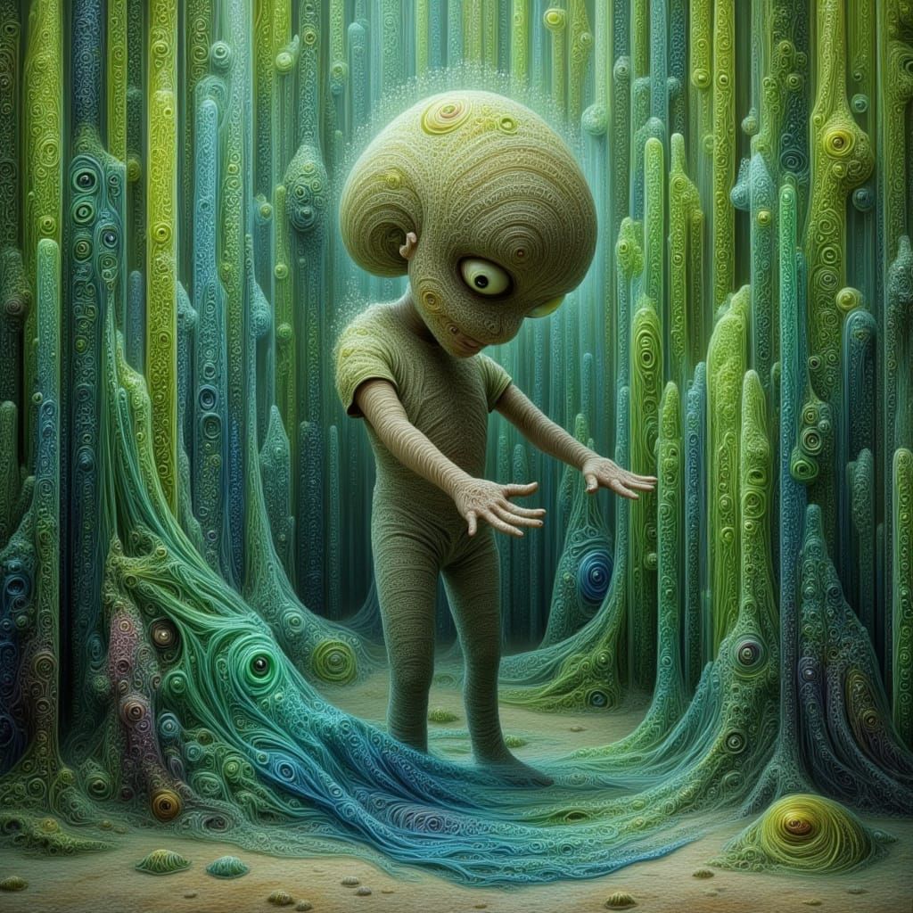 Surreal Alien Burden: Olmec Head in a Green Cave