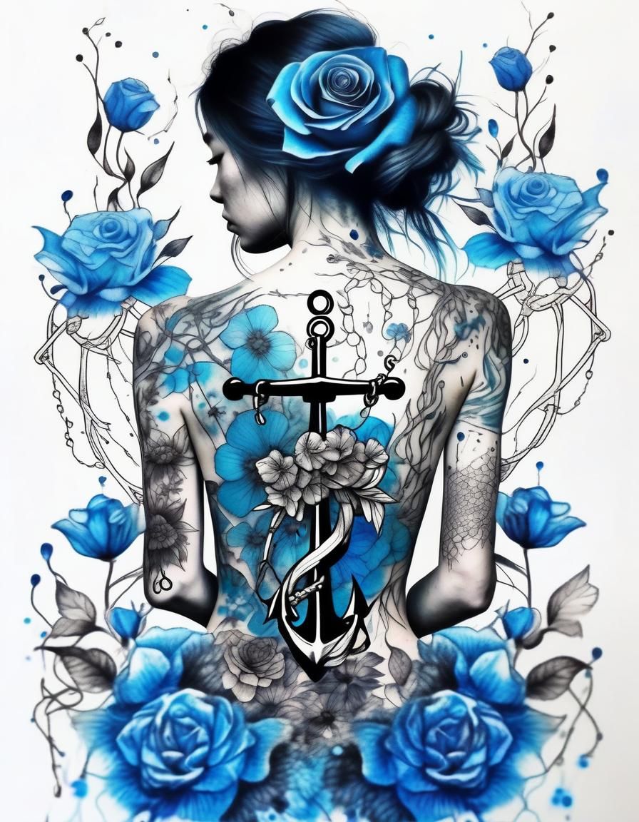 Japanese-Inspired Tattoo Art with Anchor and Floral Elements