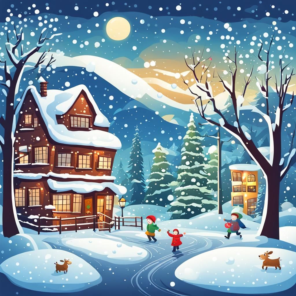 Cartoon Winter Wonderland with Snowfall