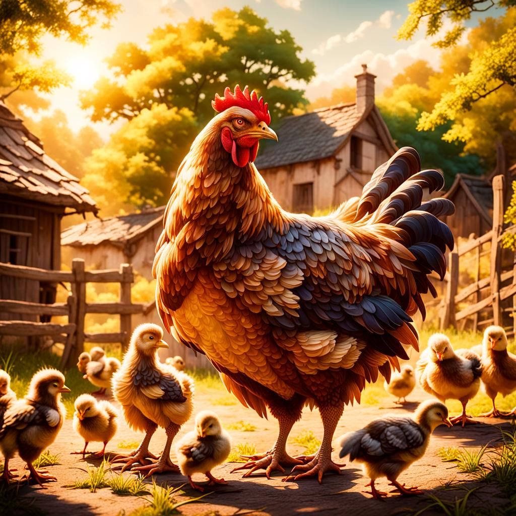 Mother Hen and Chicks in Village: Cinematic Film Still