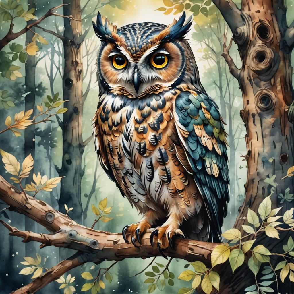 Whimsical Forest Owl in Watercolor Style