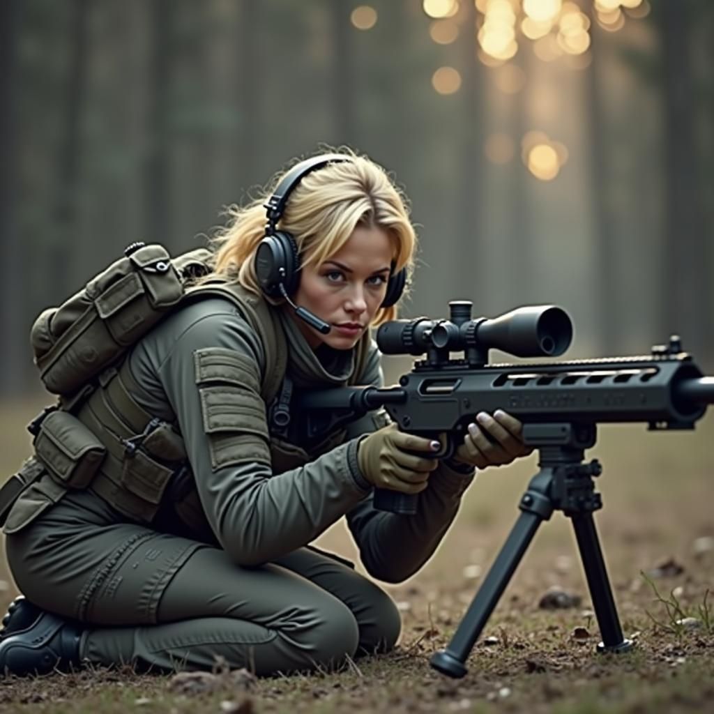 Futuristic Soldier with Sniper Rifle in Dystopian Scene