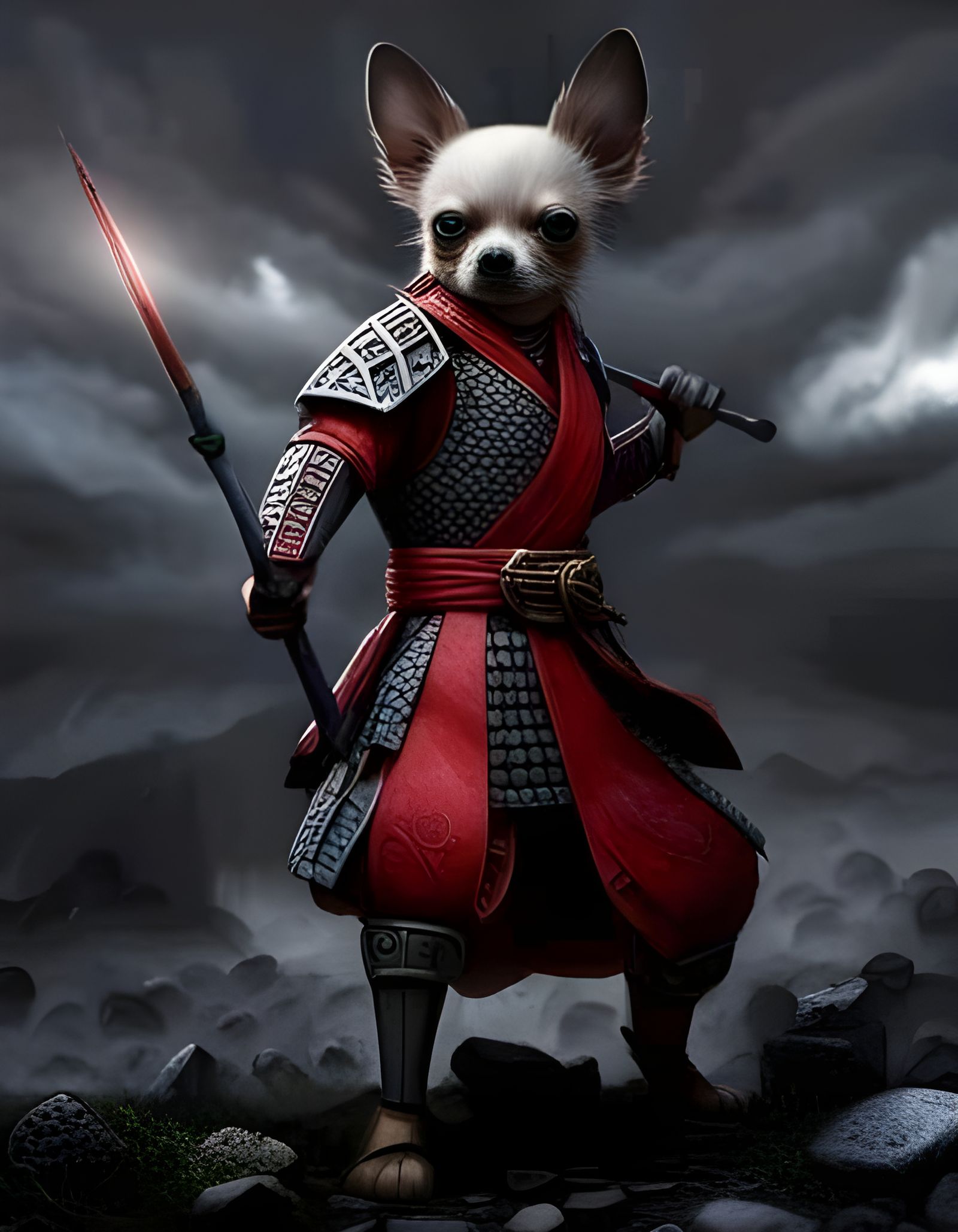 Samurai Chihuahua Battle in Thunderstorm, Splash Art