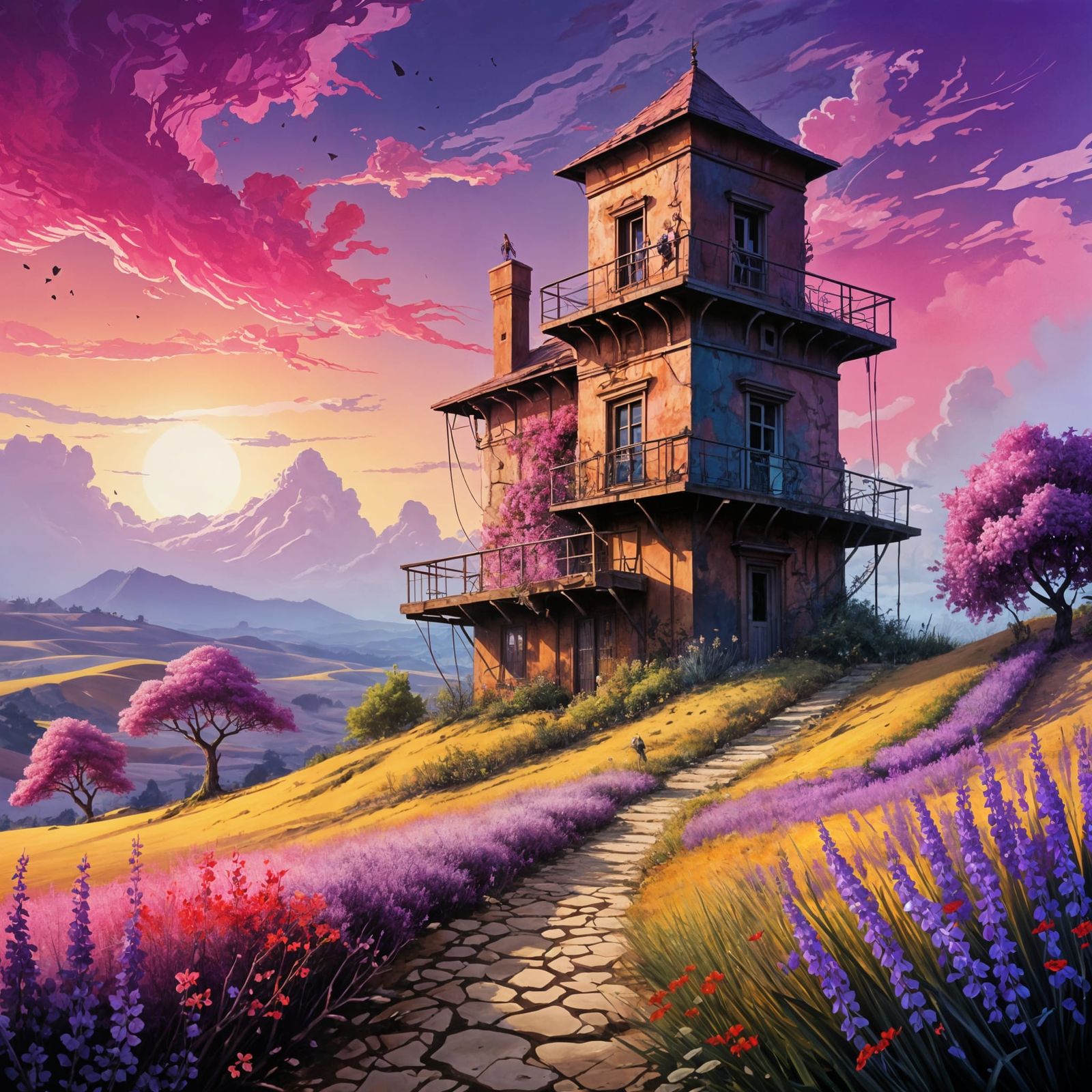 Abandoned Mediterranean Mansion Unfolds Under a Vibrant Flor...