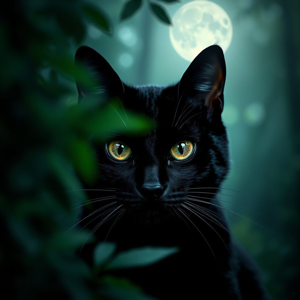 Black Cat's Gaze in Emerald Forest Moonlight