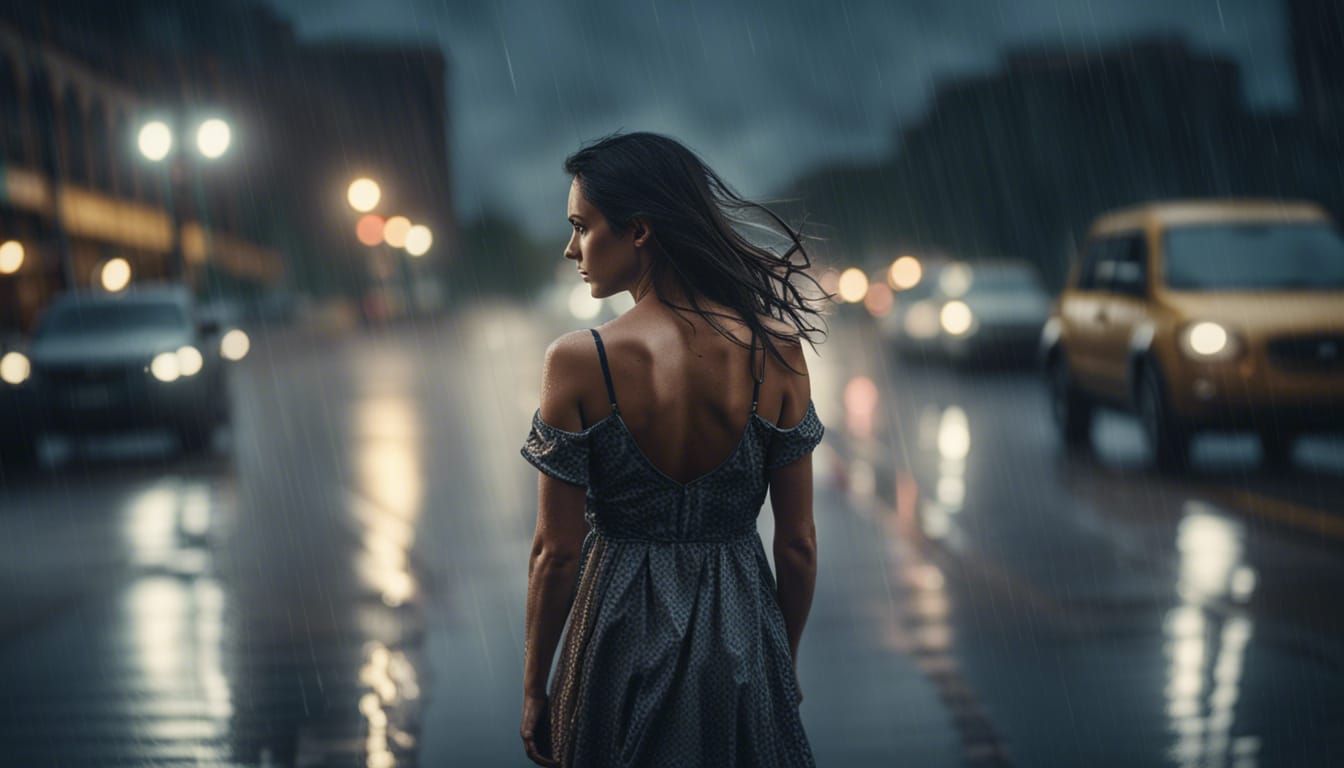 Brunette Woman in Rainy Cyberpunk Cityscape